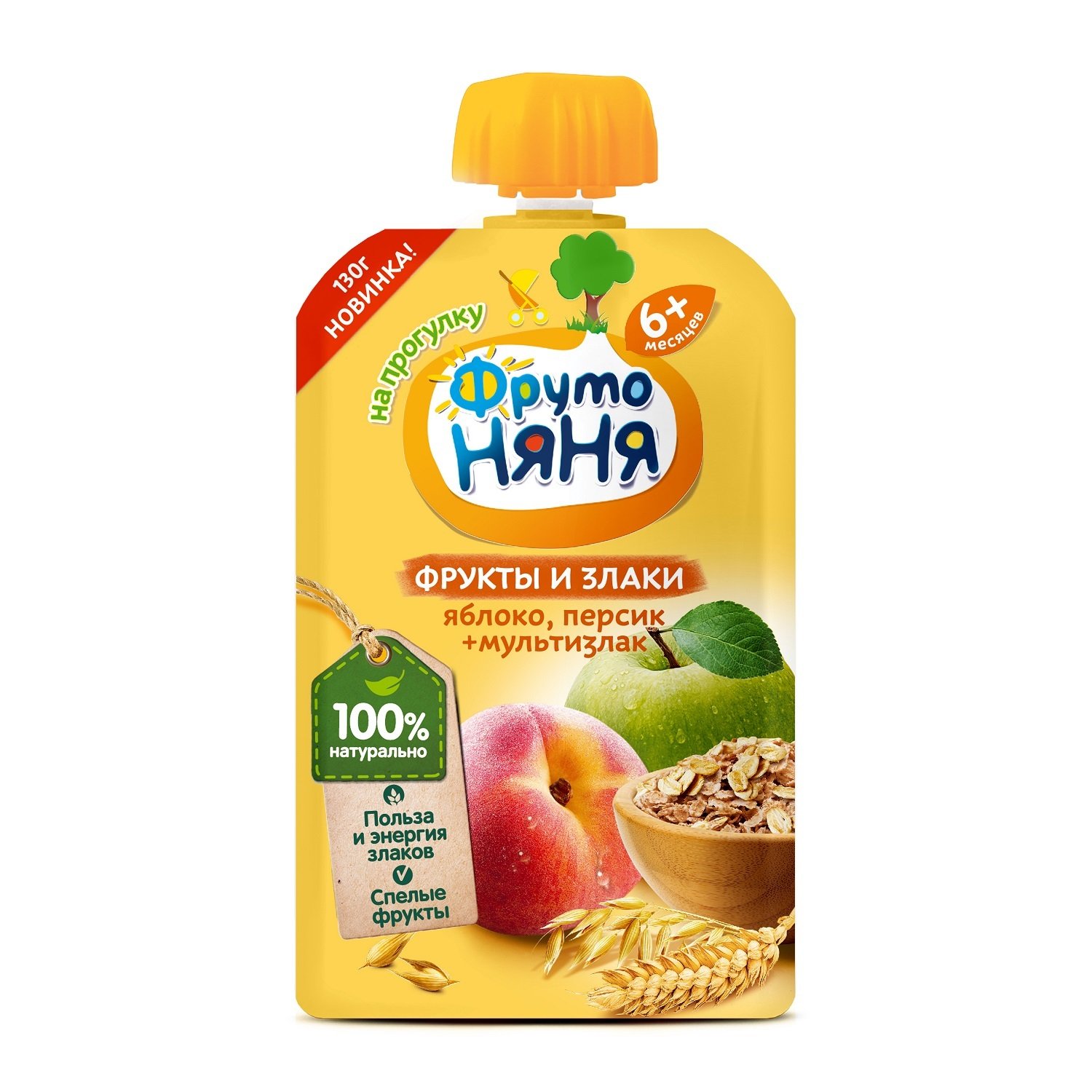 Фрутоняня Пюре Фрукты и Злаки, пюре, 130 г, 1 шт, яблоко персик фото