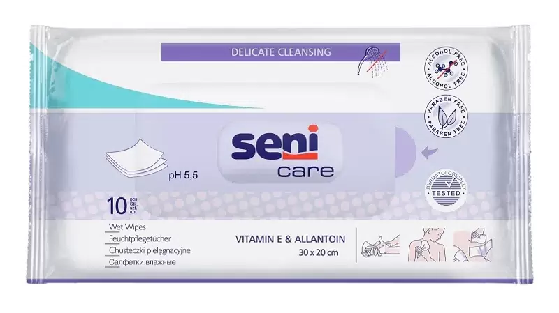 Seni Care Салфетки влажные с витамином Е и аллантоином, салфетки влажные, 10 шт. фото