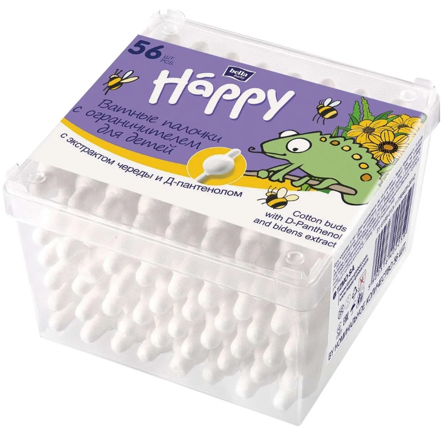Bella Baby Happy Ватные палочки с ограничителем, ватные палочки, 56 шт, с чередой и Д-пантенолом фото