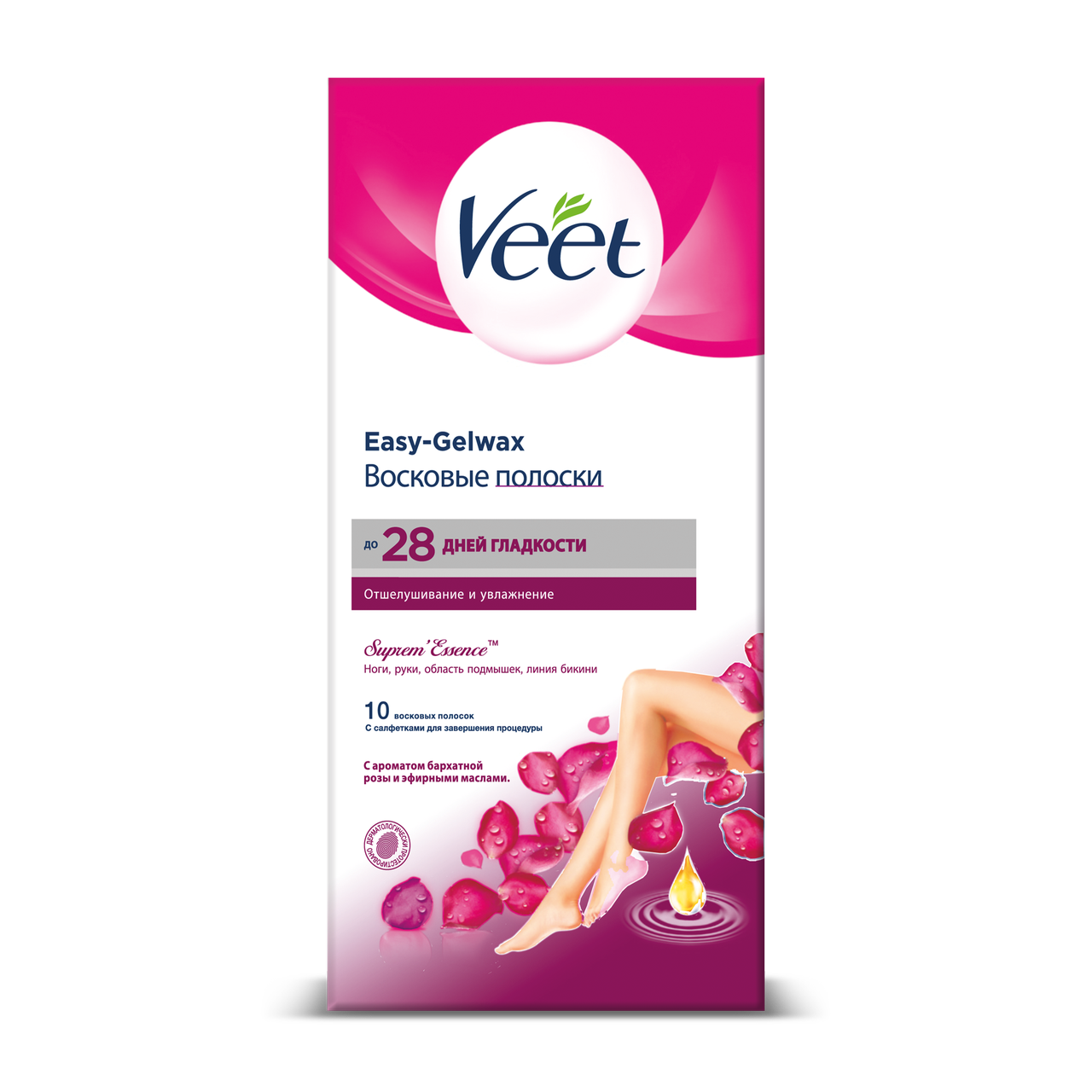 Veet Easy-gelwax Suprem essence для бикини и области подмышек, полоски восковые, 10 шт, бархатная роза и эфирные масла фото