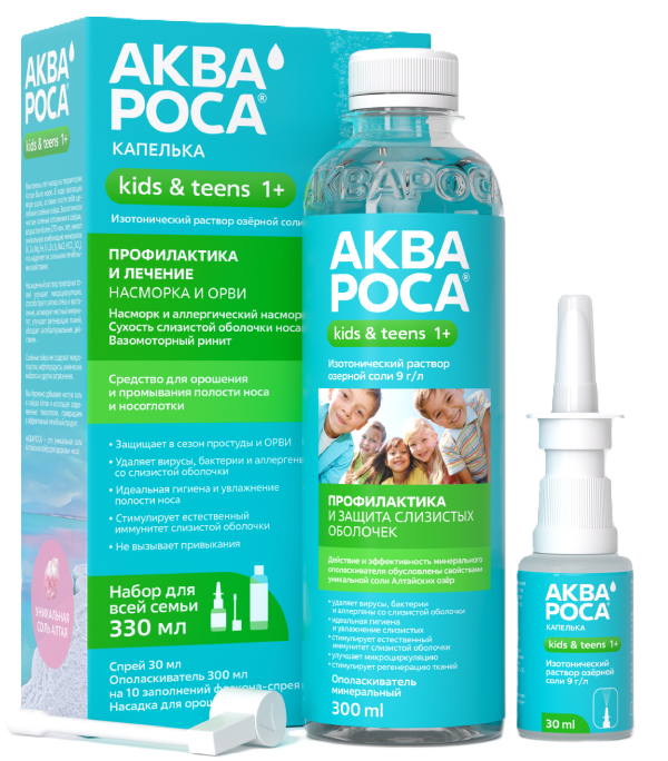 АкваРоса Капелька, 0.9%, набор, 1 шт, Ополаскиватель 300мл+спрей 30 мл+насадка для горла фото
