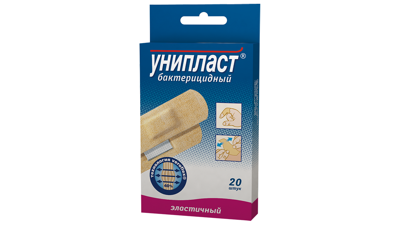 Унипласт Лейкопластырь бактерицидный эластичный, 1.9 см х 7.2 см, пластырь медицинский, 20 шт, из эластичной ткани фото
