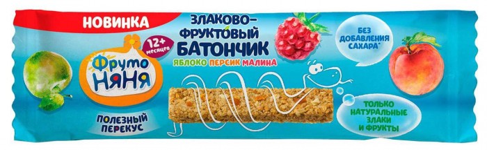 Фрутоняня Злаково-фруктовый батончик, батончик, 25 г, 1 шт, яблоко + персик + малина фото