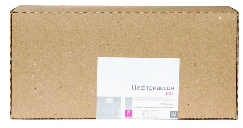 Цефтриаксон, 1 г, порошок для приготовления раствора для внутривенного и внутримышечного введения, 50 шт. фото