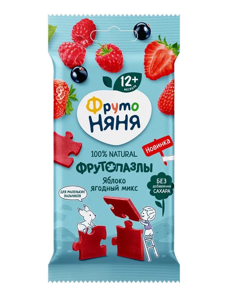 Фрутоняня Фрутопазлы фруктовые кусочки, 12+ мес, 20 г, 1 шт, яблоко + клубника + малина + черная смородина фото