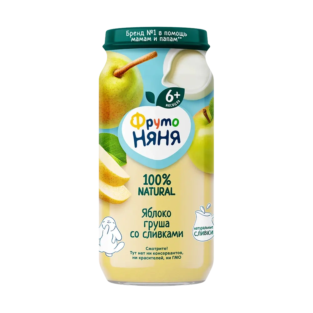 Фрутоняня детское пюре, пюре, 250 г, 1 шт, яблоко + груша + сливки фото