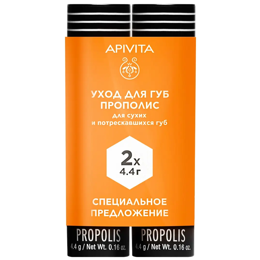 Apivita Уход для сухих и потрескавшихся губ, бальзам для губ, 4.4 г, 2 шт, прополис фото