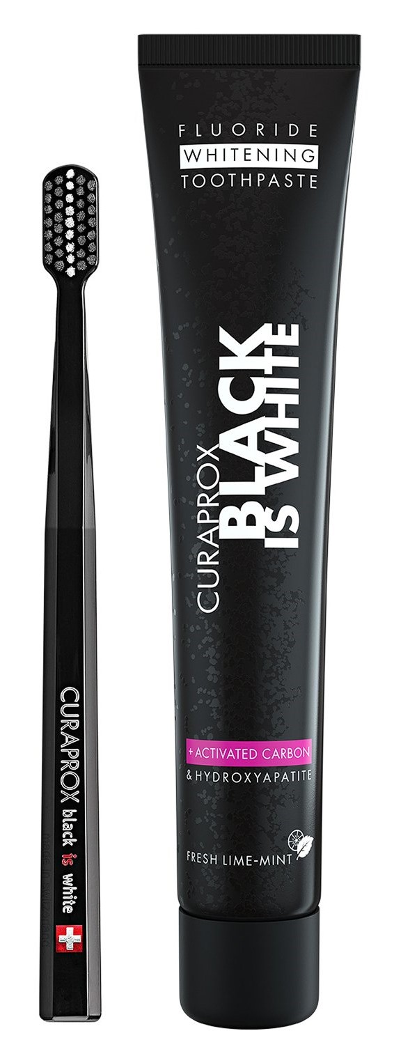 Curaprox Black Is White Набор, 1 шт, отбеливающая зубная паста 90 мл + ультрамягкая зубная щетка фото
