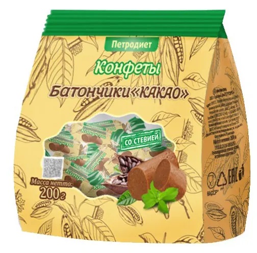 Конфеты-батончик со стевией на фруктозе, 200 г, 1 шт, какао фото
