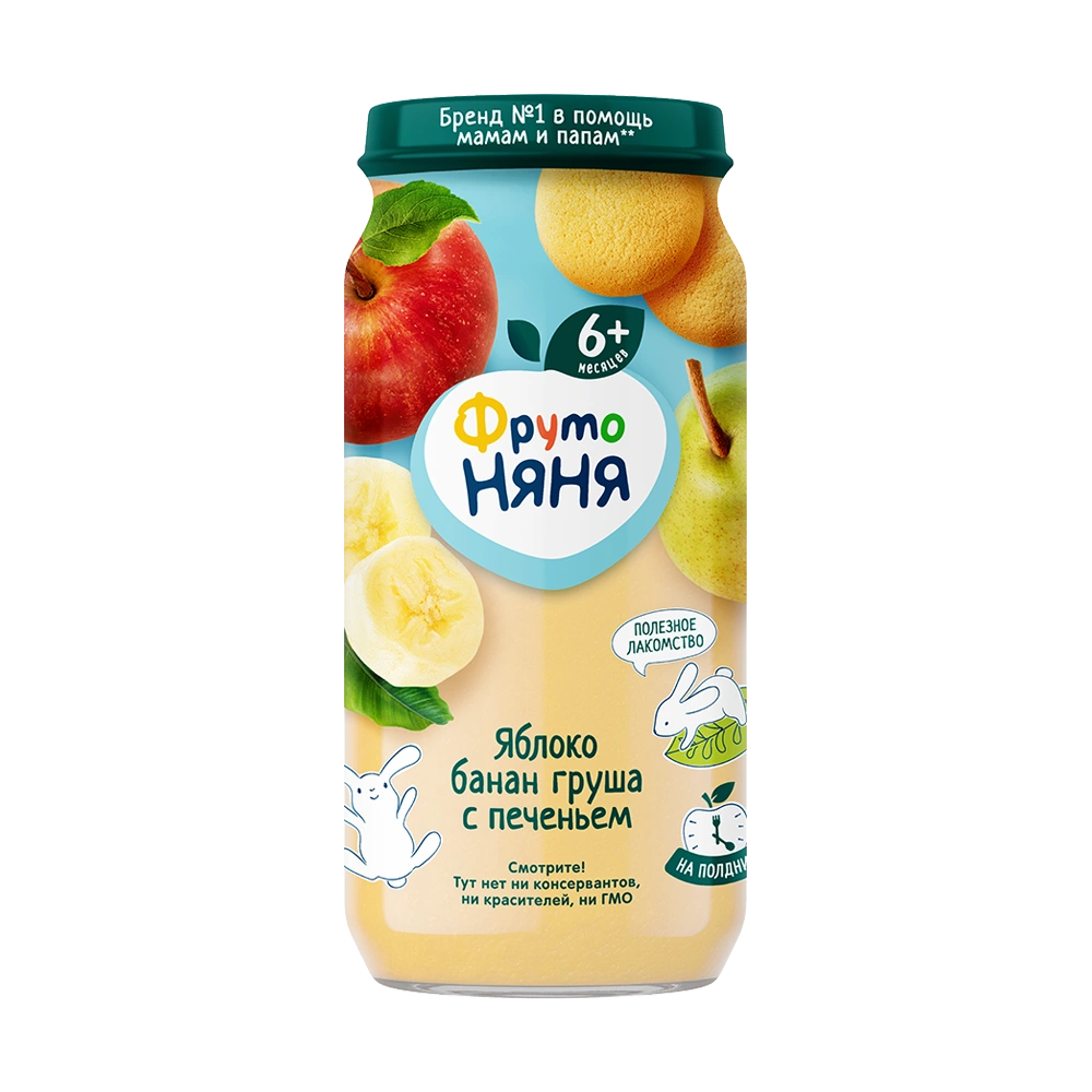 Фрутоняня детское пюре, пюре, 250 г, 1 шт, яблоко + банан + груша + печенье фото