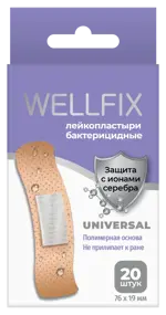 Wellfix Universal Пластырь бактерицидный, 1.9 см х 7.6 см, лейкопластырь, 20 шт, телесного цвета, полимерная основа фото