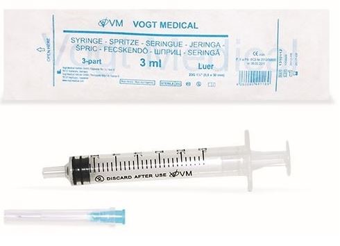 Шприц Vogt Medical 3-х компонентный, 3 мл, шприц в комплекте с иглой, 1 шт, 23G (0,6х30) фото