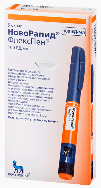 НовоРапид ФлексПен, 100 ЕД/мл, раствор для подкожного и внутривенного введения, 3 мл, 5 шт, в шприц-ручках ФлексПен фото