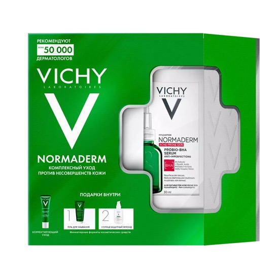 Vichy Normaderm сыворотка 30 мл + уход 30 мл + гель для умывания 50 мл + флюид SPF 50 3 мл, набор, 1 шт. фото
