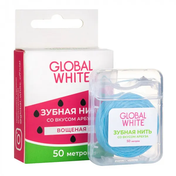 Global White Нить зубная вощеная, 50 м, 1 шт, арбуз фото
