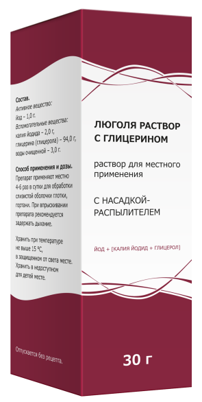 Люголя раствор с глицерином, раствор для местного применения, 30 г, 1 шт, с насадкой-распылителем фото