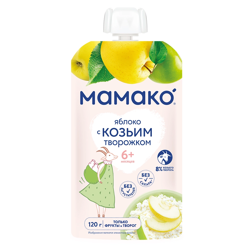 Мамако пюре с козьим творогом, пюре, 120 г, 1 шт, яблоко фото