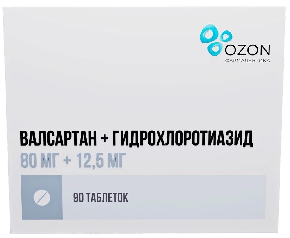 Валсартан + Гидрохлоротиазид, 80 мг+12.5 мг, таблетки, покрытые пленочной оболочкой, 90 шт. фото