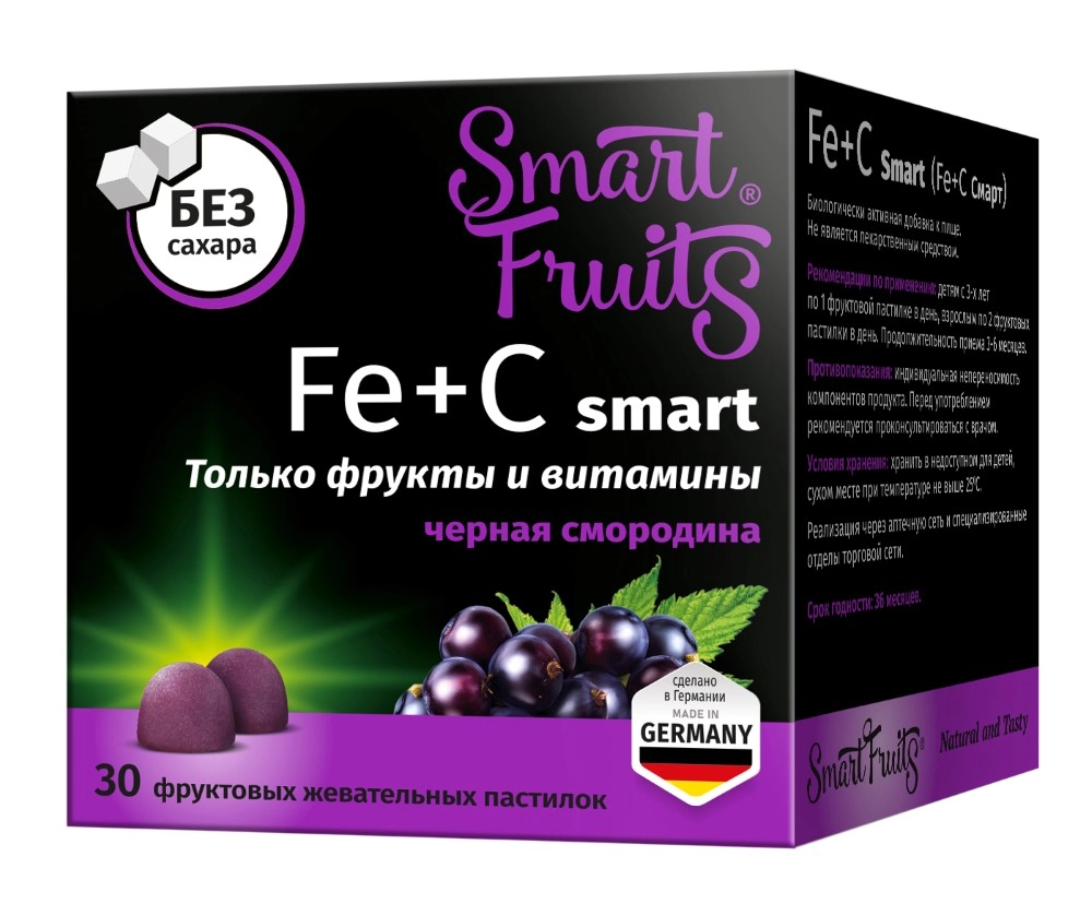 Smart Fruits Fe + C smart, пастилки жевательные, 30 шт, черная смородина фото