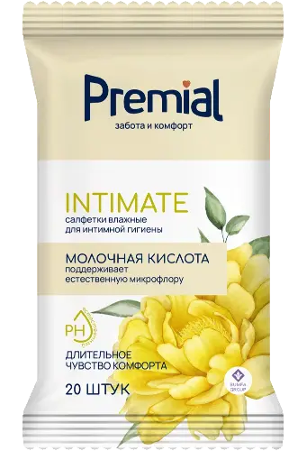 Premial Салфетки влажные для интимной гигиены, салфетки влажные, 20 шт, с молочной кислотой фото