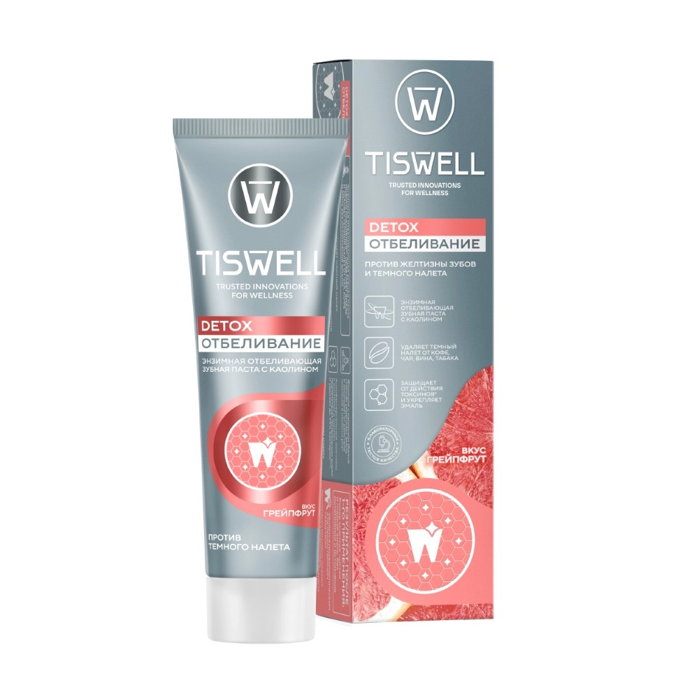 Tiswell detox отбеливание Зубная паста энзимная с каолином, зубная паста, 110 г, 1 шт, грейпфрут фото