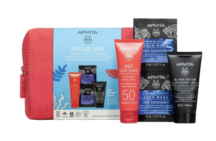 Apivita Bee Sun Safe крем солнцезащитный SPF 50 50 мл + Black Detox очищающий гель 50 мл + маска с морской лавандой 2х8 мл, набор, 1 шт. фото