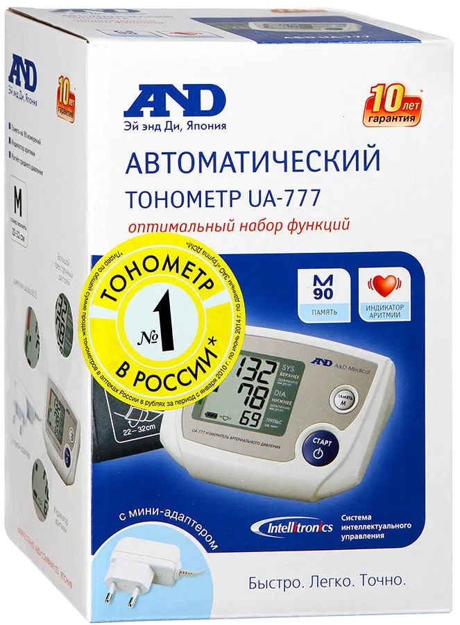 Тонометр автоматический AND UA-777 с адаптером, 1 шт, со стандартной манжетой (22-32 см) фото