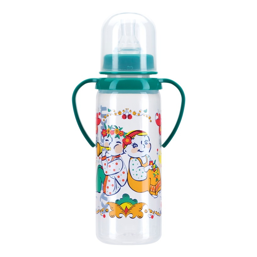 Курносики Бутылочка с ручками и силиконовой соской 6 мес+, 250 мл, 1 шт, цвет в ассортименте, с рисунком, арт. 11113 фото