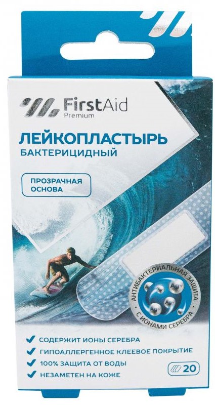 Ферстэйд Премиум Пластырь медицинский бактерицидный, 1.9 см х 7.6 см, лейкопластырь, 20 шт, прозрачный, полимерная основа фото