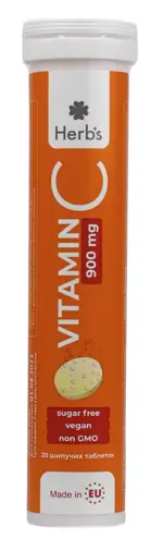 Herbs Витамин С, 900 мг, таблетки шипучие, 20 шт, апельсин, без сахара фото