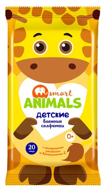 Smart Animals Салфетки влажные детские, салфетки влажные, 20 шт, ромашка и витамин Е фото