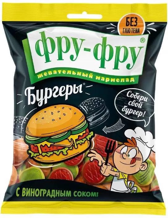 Фру-Фру Мармелад Бургеры, мармелад жевательный, 80 г, 1 шт, с виноградным соком фото