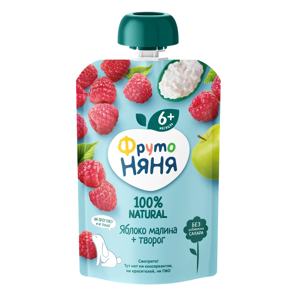 Фрутоняня, пюре, 90 г, 1 шт, яблоко + малина + творог, без сахара фото