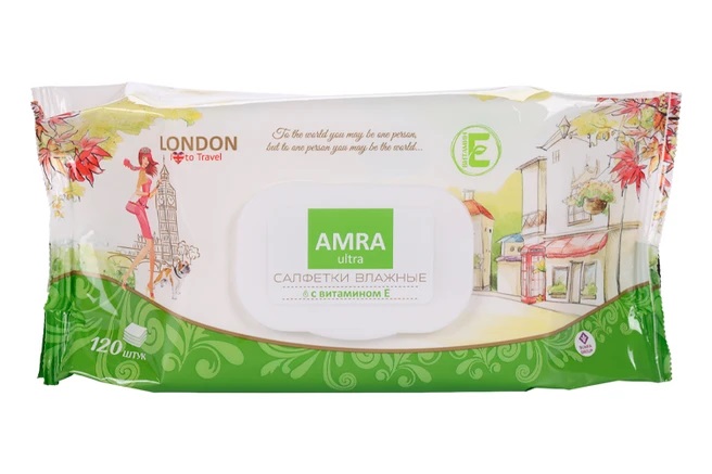 Amra travel London Салфетки влажные освежающие с витамином Е, 120 шт. фото