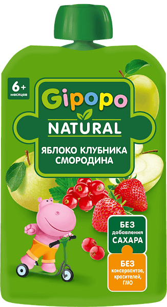 Gipopo детское пюре, 6+ мес, пюре, 90 г, 1 шт, яблоко + клубника + красная смородина фото