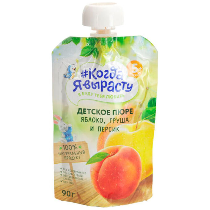Когда я вырасту пюре, 5+ мес, 90 г, 1 шт, яблоко + груша + персик, без сахара фото