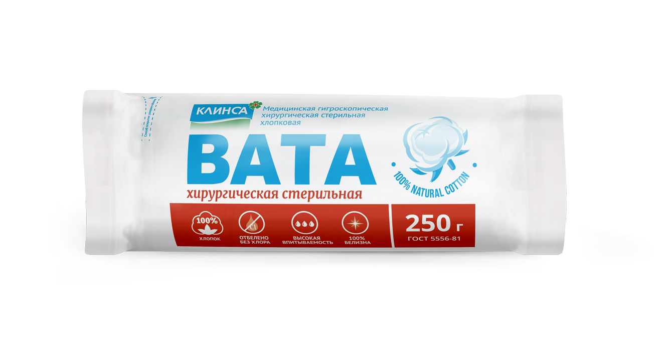 Клинса Вата хирургическая стерильная, 250 г, 1 шт. фото