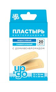 UP&GO Лейкопластырь бактерицидный универсальный водостойкий с домифенбромидом, 20 шт, набор, 1.9 см х 7.2 см, 2.5 см х 7.2 см фото