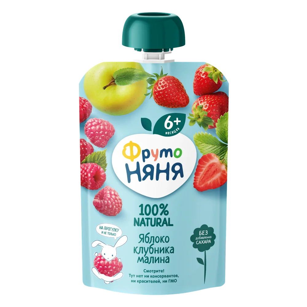 Фрутоняня детское пюре, пюре, 90 г, 1 шт, яблоко + клубника + малина фото