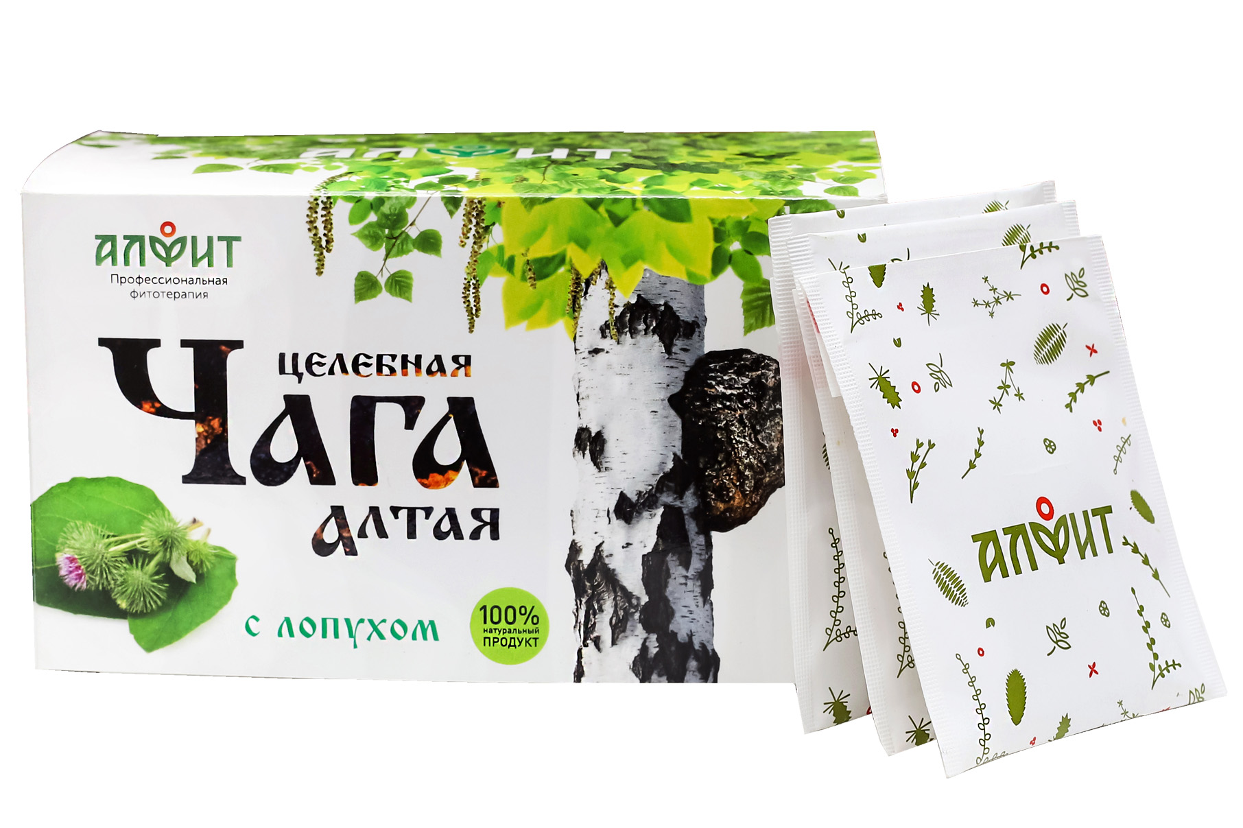 Целебная чага Алтая, фиточай, 2 г, 20 шт, с лопухом фото