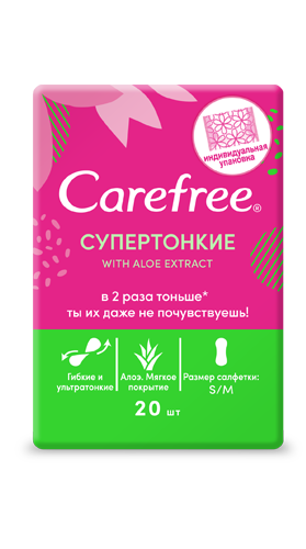 Carefree Aloe Extract Салфетки супертонкие ежедневные, прокладки ежедневные, 20 шт, в индивидуальных упаковках фото
