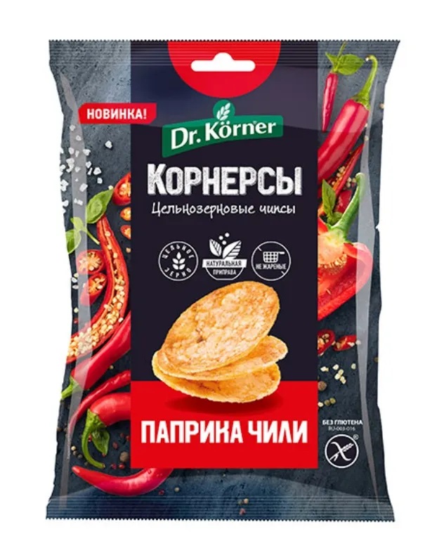 Доктор Кернер Чипсы цельнозерновые кукурузно-рисовые, хлебцы, 50 г, 1 шт, паприка + чили фото
