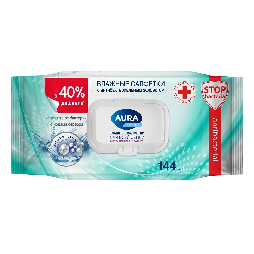 Aura Family Салфетки влажные антибактериальные для всей семьи, салфетки влажные, 144 шт, пластиковый клапан фото