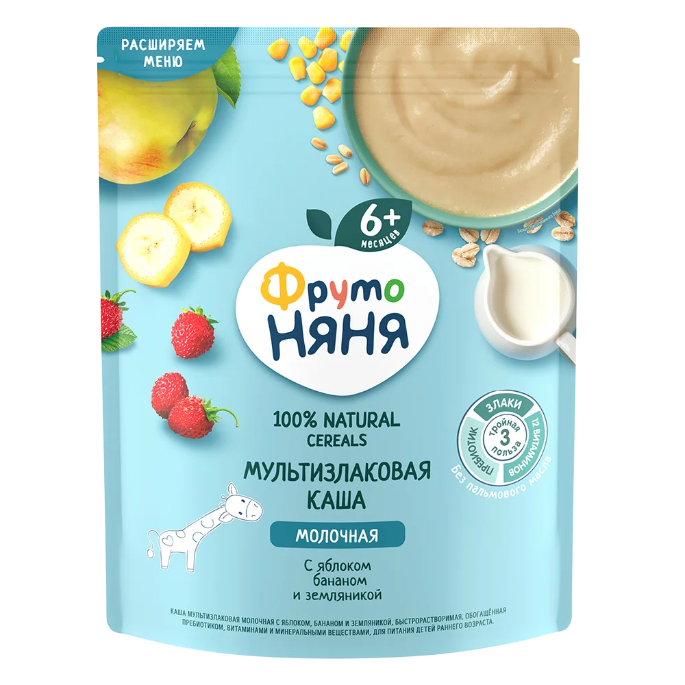 Фрутоняня каша молочная мультизлаковая, каша, 200 г, 1 шт, яблоко + банан + земляника фото