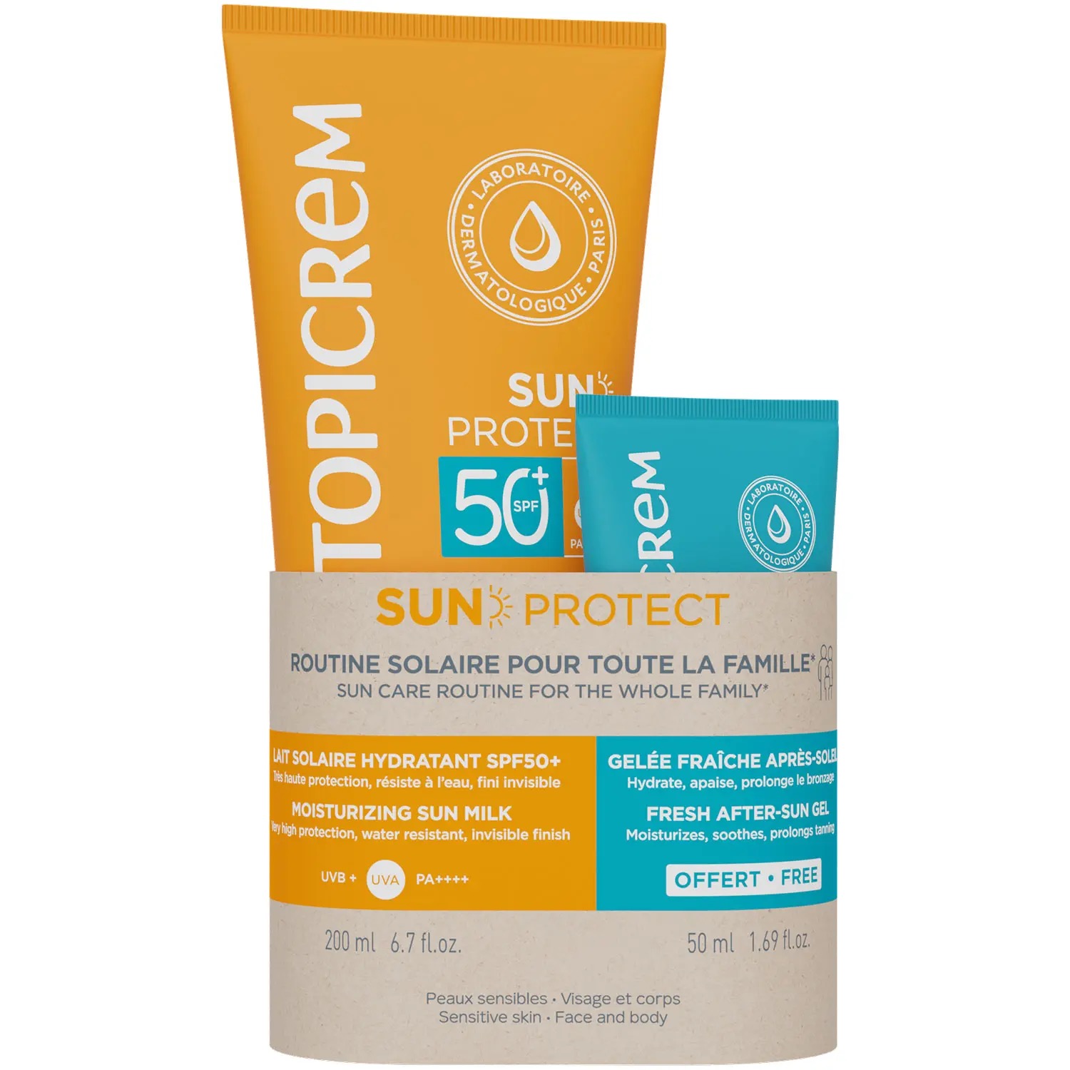 Topicrem Sun Protect увлажняющее солнцезащитное молочко SPF 50 200 мл + желе после загара 50 мл, набор, 1 шт. фото