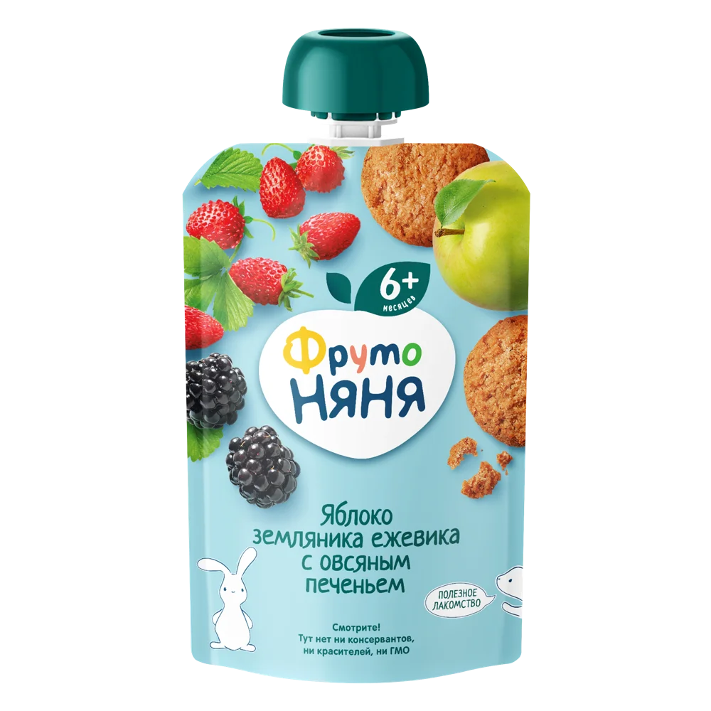 Фрутоняня, пюре, 90 г, 1 шт, яблоко + земляника + ежевика с овсяным печеньем, без сахара фото