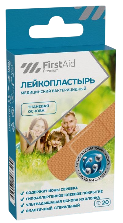 Ферстэйд Премиум Пластырь медицинский бактерицидный, 1.9 см х 7.6 см, лейкопластырь, 20 шт, тканевая основа фото