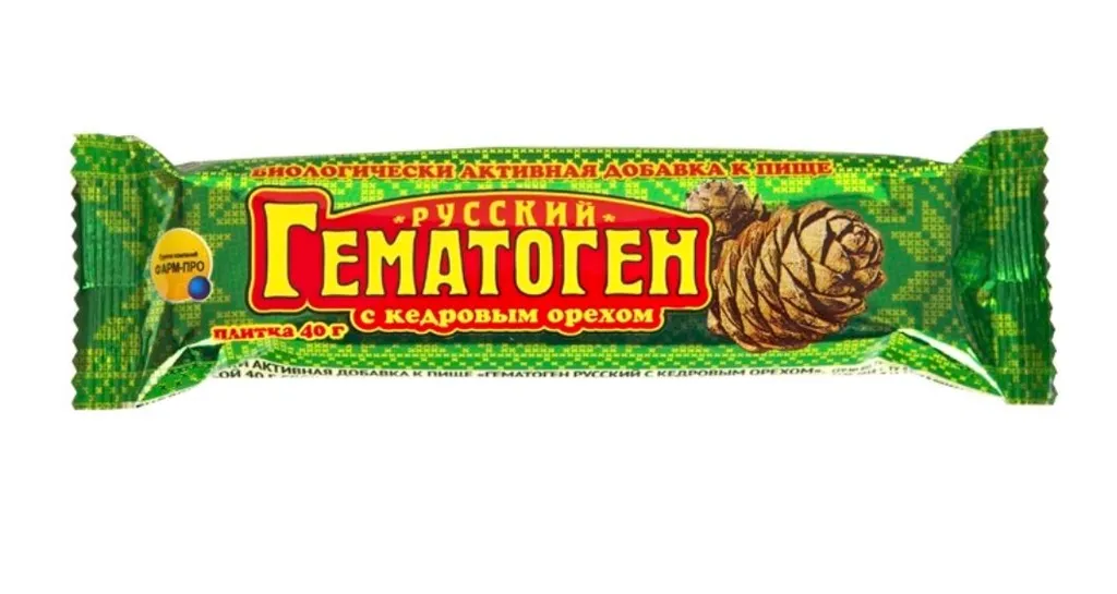Гематоген Русский, плитка, 40 г, 1 шт, с кедровым орехом фото