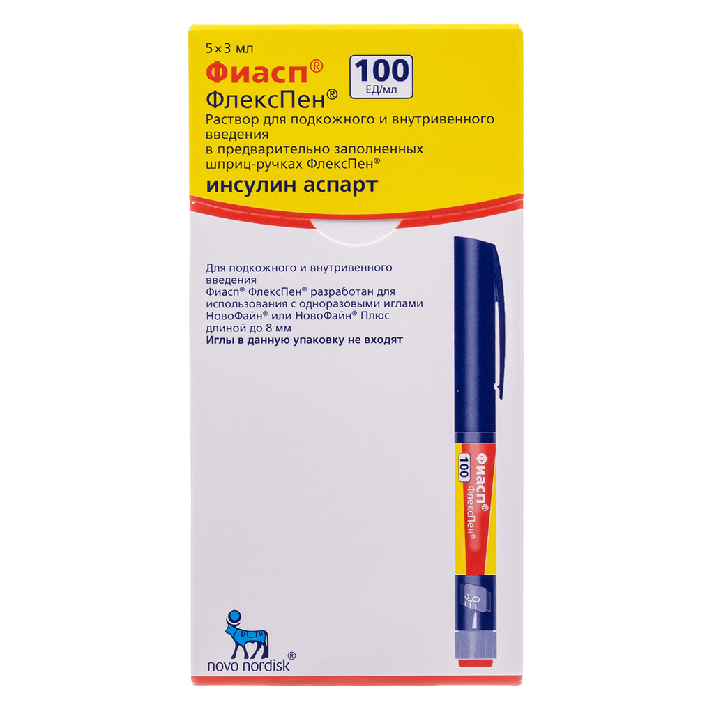 Фиасп ФлексПен, 100 ЕД/мл, раствор для подкожного и внутривенного введения, 3 мл, 5 шт, в шприц-ручках ФлексПен фото