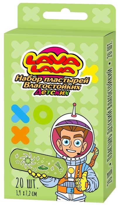 Lava Lava Пластырь бактерицидный влагостойкий детский, 1.9 см х 7.2 см, лейкопластырь бактерицидный детский, 20 шт, зеленого цвета, с рисунком фото